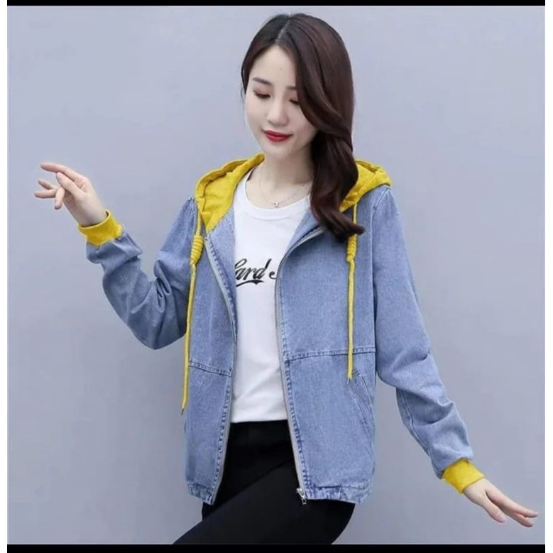 JAKET JEANS HOODIE WANITA RITSLETING DENGAN KOMBI