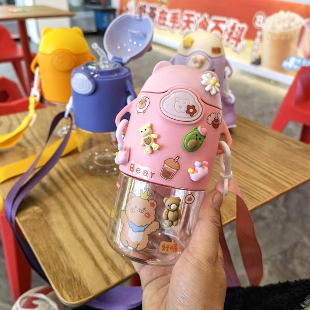 ☛TK☚ Botol Minum Anak Air 600ml Botol Minum Anak Lucu Motif Karakter Beruang Imut dengan Sedotan R746