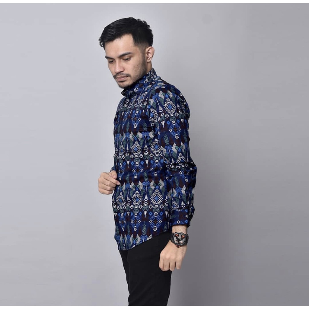 (READY BIG SIZE) BABEDO KEMEJA BATIK SLIMFIT PRIA MOTIF TORPEDO BIRU LENGAN PANJANG PREMIUM