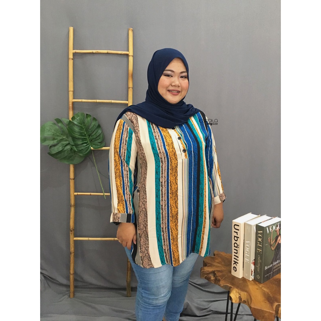 Ezpata Atasan Wanita Jumbo Bigsize Bahan Rayon Motif Stripe Garis Kancing Depan Busui Friendly LD 130cm BB 65-90kg