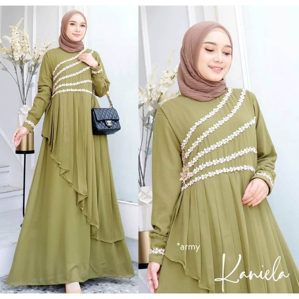 Gamis wanita KANIELA DRESS BAHAN CERUTY BABYDOLL APLIKASI RENDA LD 100 CM Gamis wanita terbaru 2023 Dress wanita kekinian Maxy dress wanita jumbo Baju muslim wanita modern Dress ceruty babydoll premium