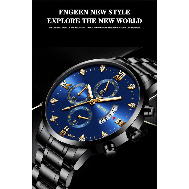 FNGEEN 5080 Jam Tangan Pria Luxury Stainless Steel Quartz Original Anti Air Watch + Kotak Gratis