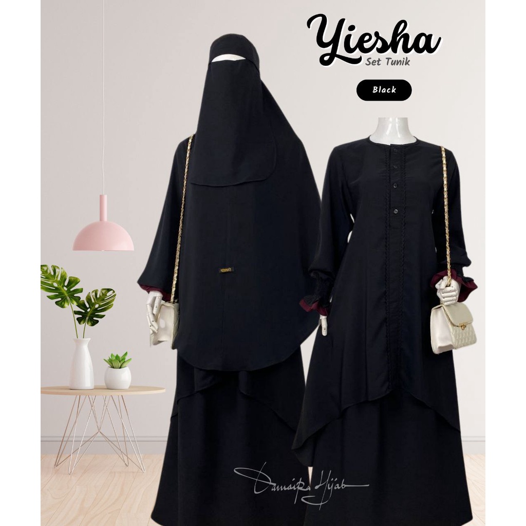 YIESHA SET TUNIK (Tunik + Rok + Jilbab Free Cadar Bandana) by DAMAIRA klambieakhwat BISA COD | bahan Wollpeach wolfis grade A busui friendly manset tangan smoke layer renda rajut khimar nonpad