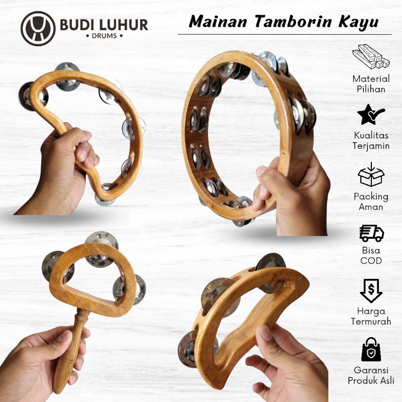 Alat Musik Tambourine Mainan Anak Tamborin Banyak Pilihan Bentuk Model Kecer Kecrek Icik Icik Bahan Kayu Natural