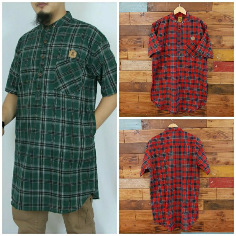 Kurta Al amwa gamis Pakistan lengan pendek kerah sanghai motif kotak kotak
