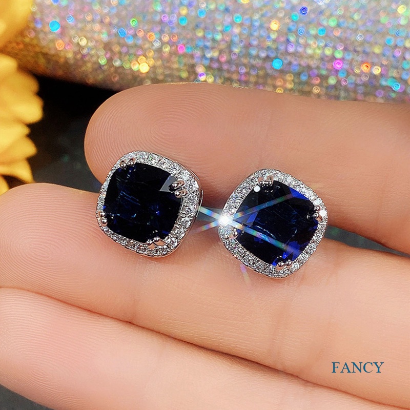 Anting Stud Cubic Zirconia Warna Biru Untuk Wanita