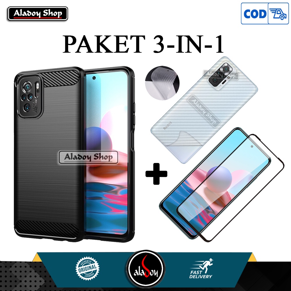 PAKET Case Xiaomi Redmi Note 10 Premium Casing Softcase + Tempered Glass Layar dan Skin Carbon 3D