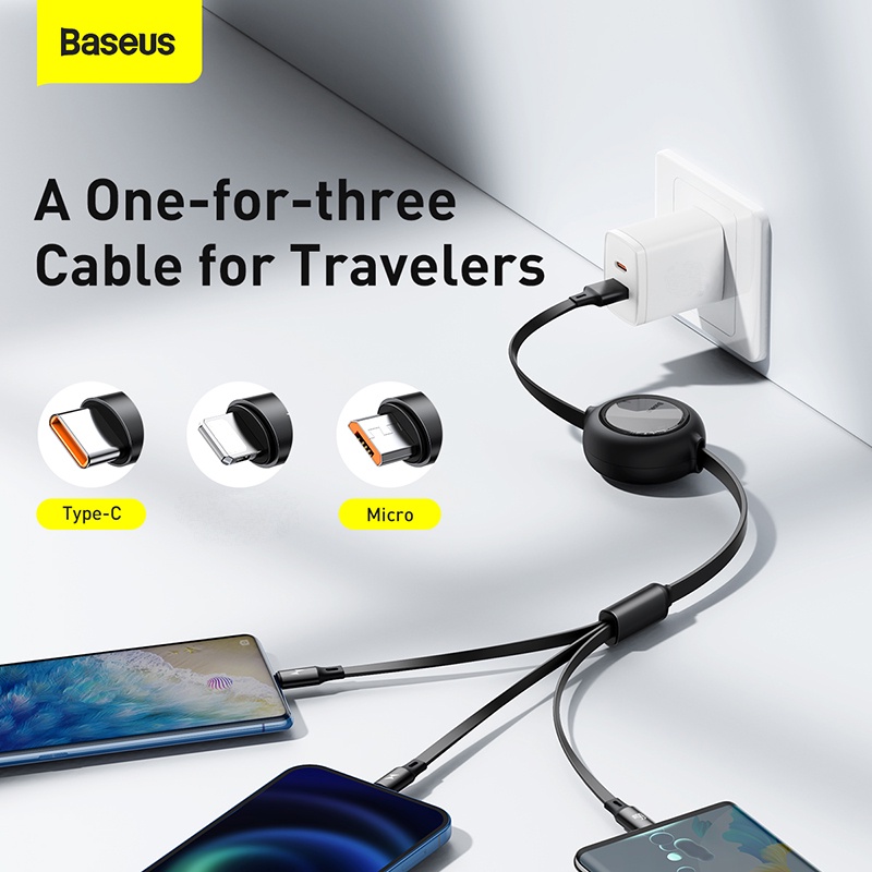 Baseus 6A 3in1 Kabel Data / Charger USB Ke Tipe-C / Micro USB / iP 66W Panjang 1.2m