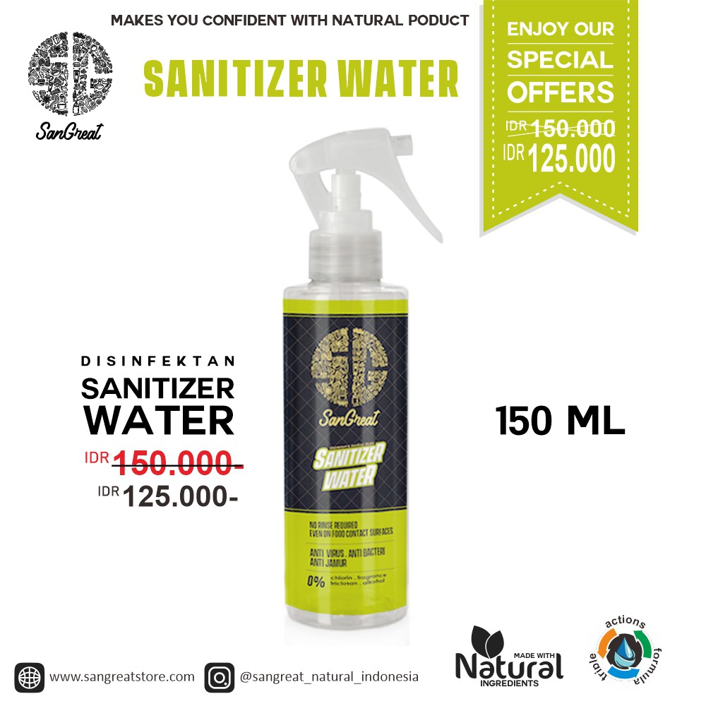 Sanitizer Water Antiseptic Water Non Alkohol dari SanGreat untuk semua jenis permukaan