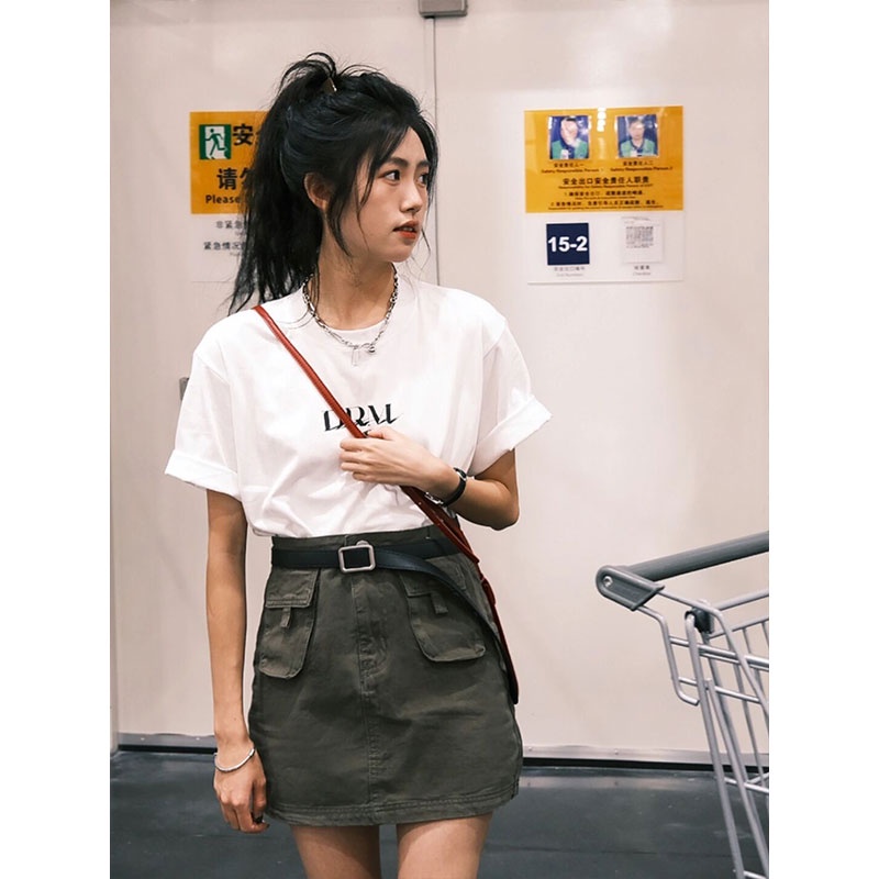 EUNII T-shirt Lengan Pendek Baju Wanita Putih Modis Bahasa Inggris Pencetakan Korean Style/Kaos Atasan Wanita/Baju Kaus Oversize Wanita