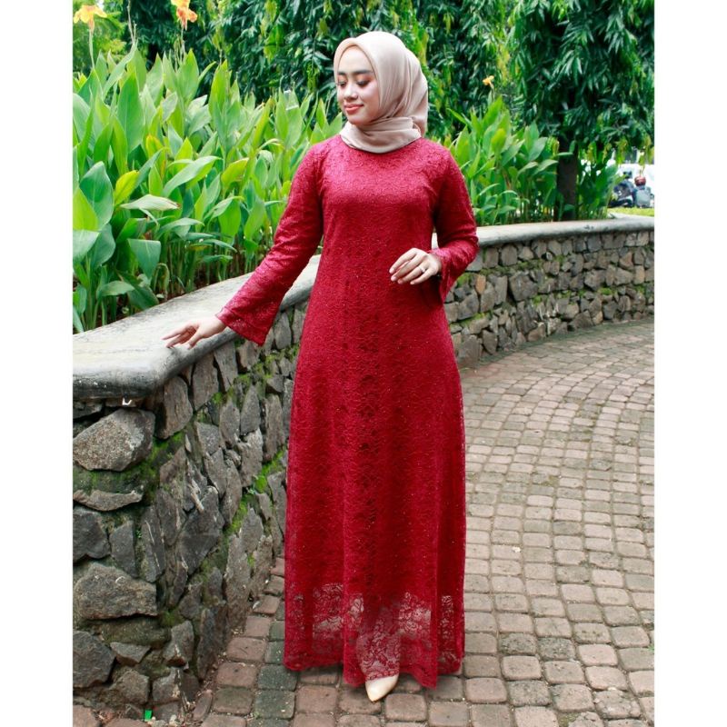 IndahKebaya | GAMIS BROKAT TERBARU / DRESS KEBAYA MURAH / KONDANGAN / MAROON NAVY SILVER GOLD DUSTY