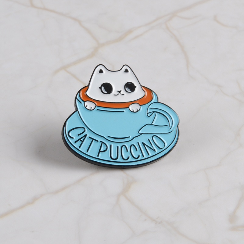 Bros Pin Enamel Desain Kartun Kucing Cangkir Kopi Untuk Kerah