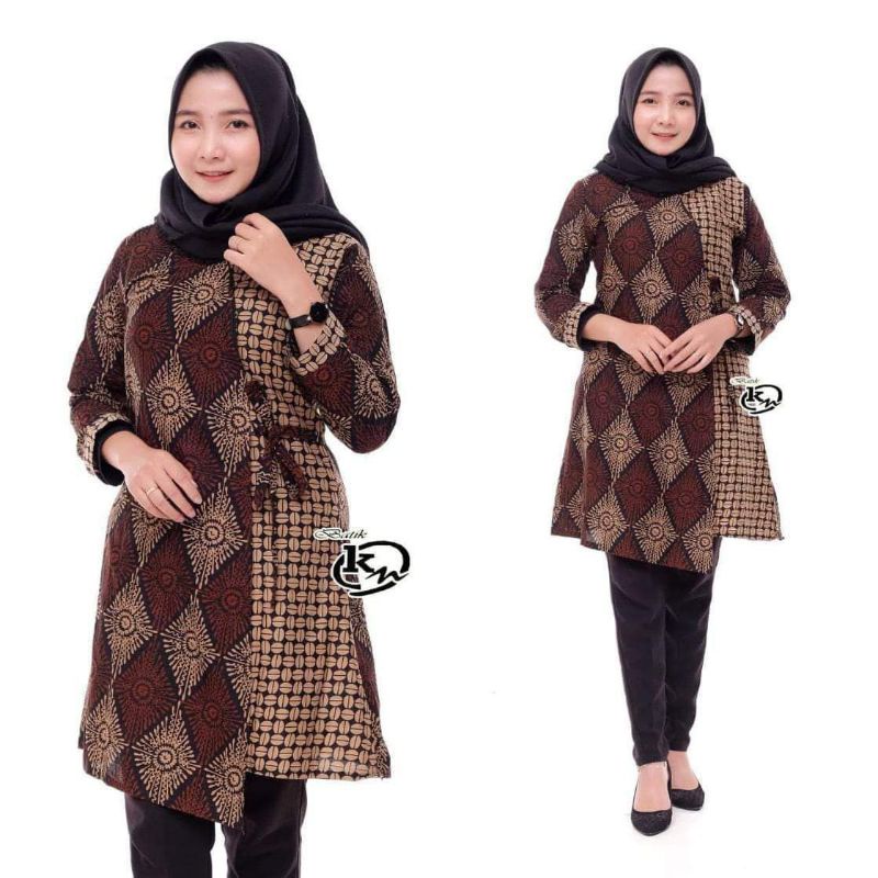 Tunik Batik Wanita Modern Terbaru JUMBO M L XL XXL Atasan Batik Wanita Seragam Murah-Coklatan wajik