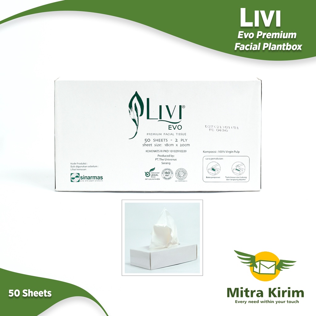 Livi Evo Premuim Facial Tissue Flat Box 2-ply Kemasan 50sheets x 100 - Per KARTON