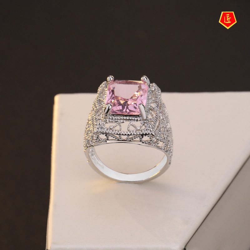 [Ready Stock]Elegant Vintage Hollow Silver Pink Diamond Amethyst Topaz Ring