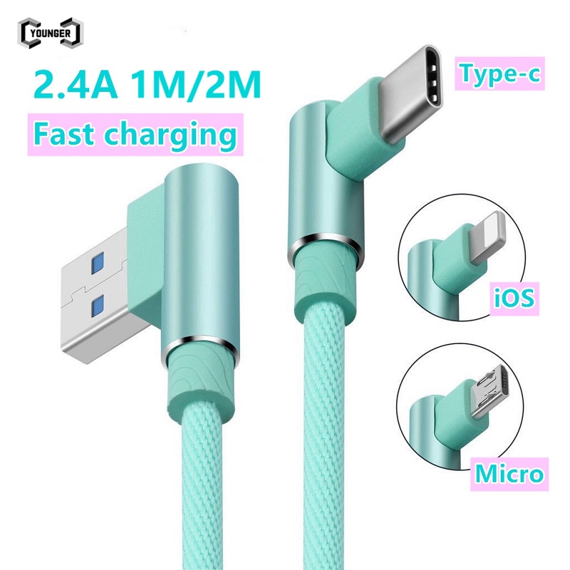 Kabel Data / charger USB Tipe C 3A Model Siku 90 Derajat Panjang 1M / 2M Untuk Android