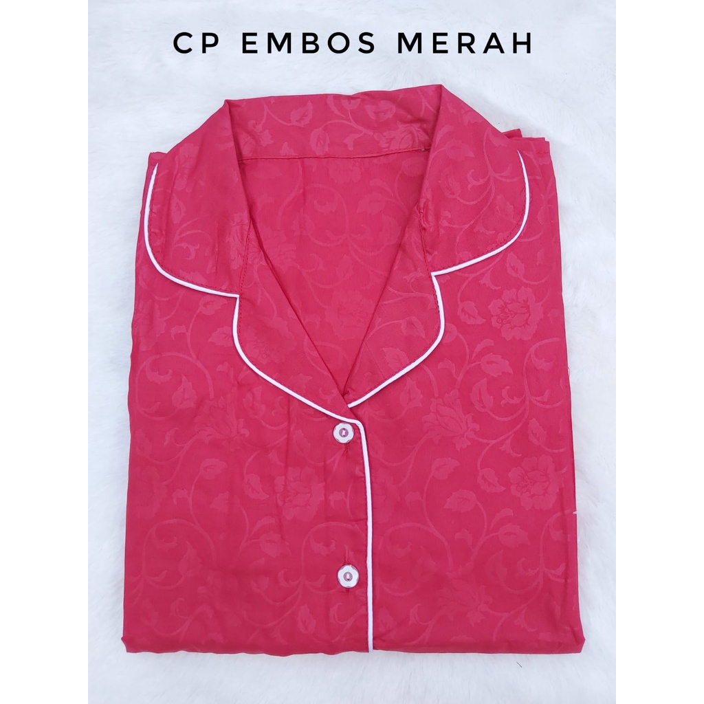 JNV Piyama CP Wanita Motif Satin Embos - Baju Tidur Saten Lengan Pendek - Bahan Satin Embos-Merah