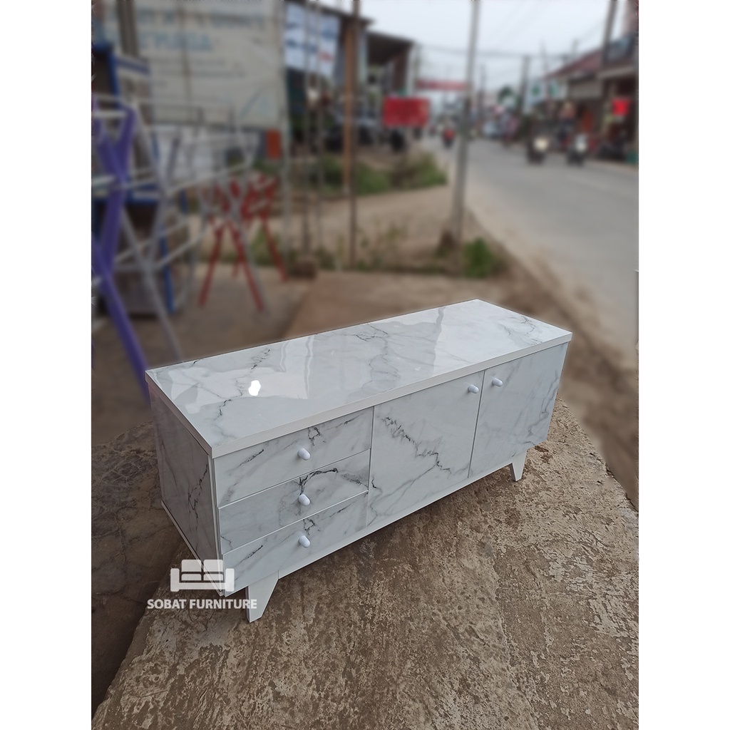 Diswar Meja TV Minimalis Motif Marmer HPL 120 Putih