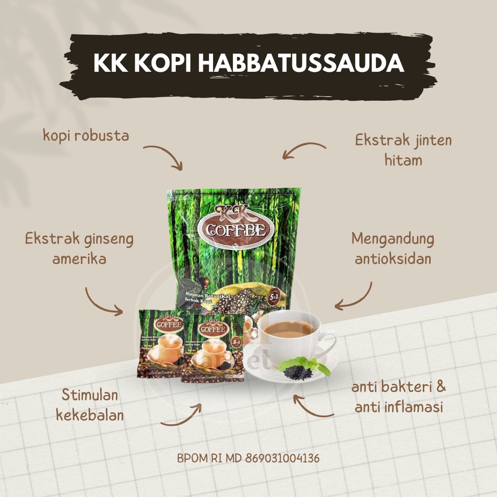 

KK Coffee Kopi 5 in 1 Kopi Instan Robusta Dengan Ginseng dan Habbatussauda/Jinten Hitam