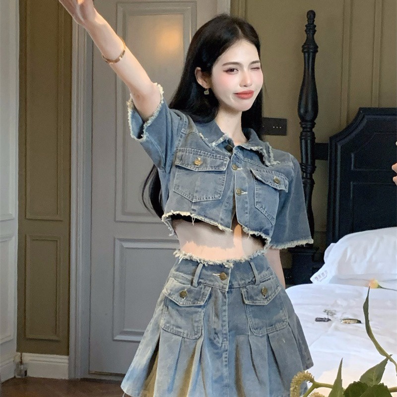 Prove skirt 2022 musim panas rok denim temperamen niche, pinggang tinggi, tipis, saku tepi mentah, rok pendek a-line lipit untuk wanita