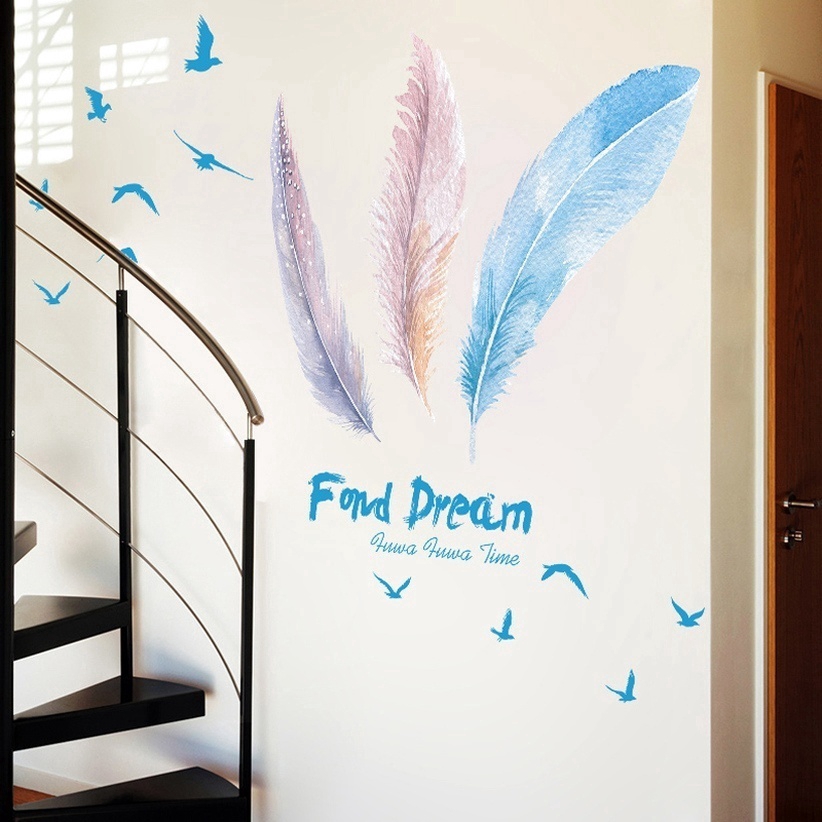 Romantic Colorful Feather Wall Stickers for Living Room Bedroom Decoration