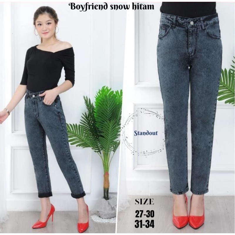 BLACK/HITAM Basic Boyfriend jeans - Celana Boyfriend Jeans Wanita snow black &amp; snow blue