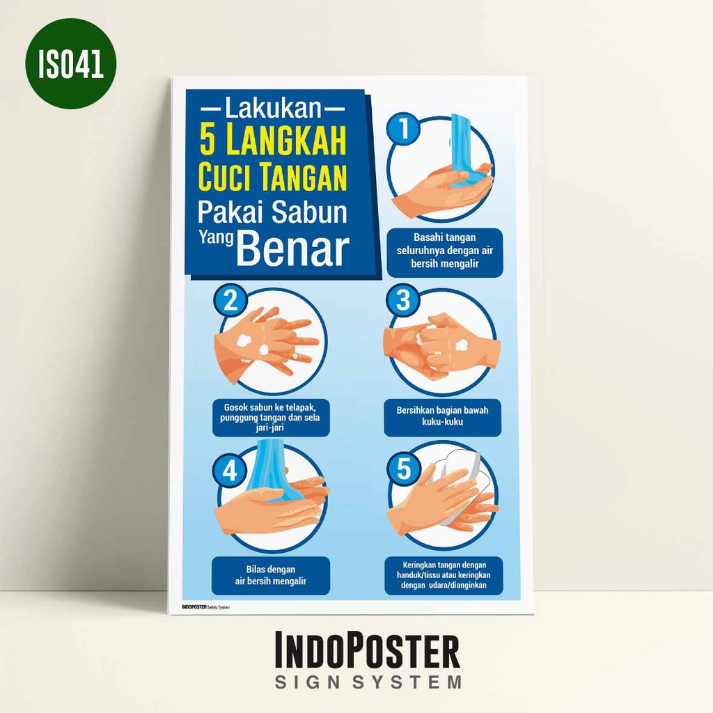 Poster K3 Keselamatan Kerja Safety 5 Langkah Cara Mencuci Tangan dengan Sabun KEMENKES WHO Tanpa Bin
