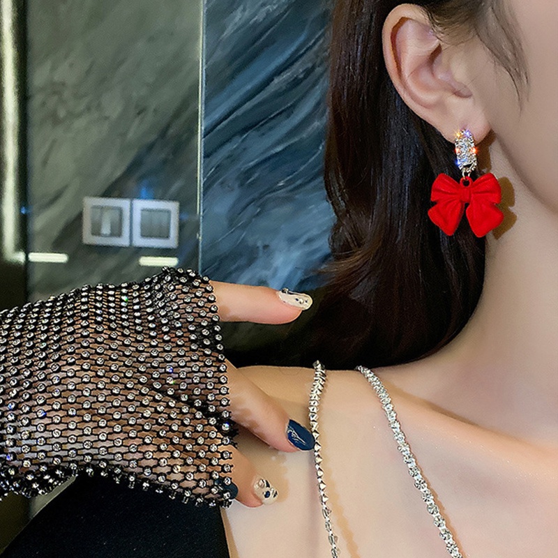 Korean Fashion Red Bow Pendant Paint Rhinestone Love Lady Stud Earrings Earrings Lucky Cute Jewelry Gift Best Accessories for Girlfriend