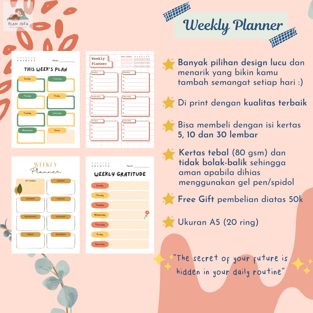 

Weekly Planner/Jurnal Mingguan/To Do List/Kertas Binder A5