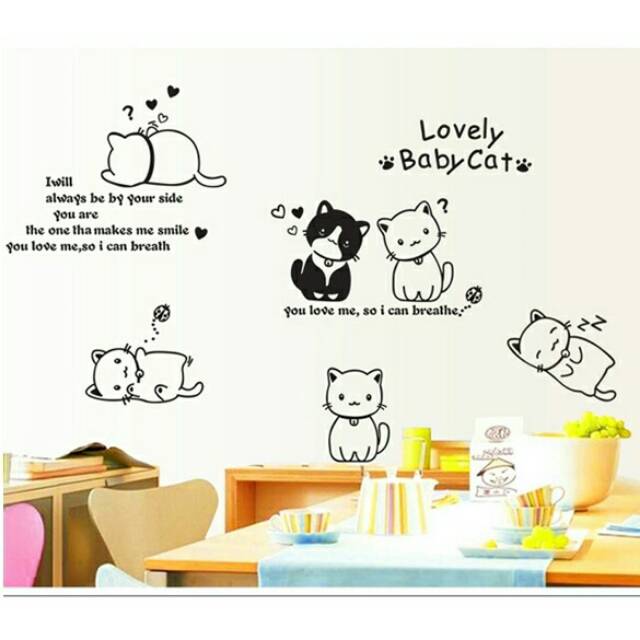 RELIZA WALL STICKER LOVELY BABY CAT KUCING LOVE HITAM AY9048 STIKER DINDING