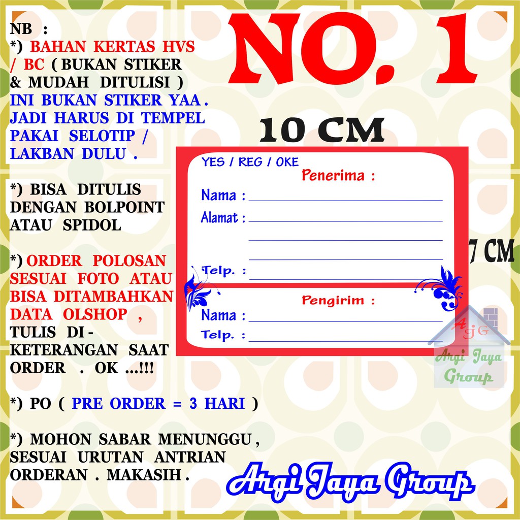 

Label Pengiriman Alamat Olshop Murah Nomer 1 - 10x7cm - Kertas BC (Manila)