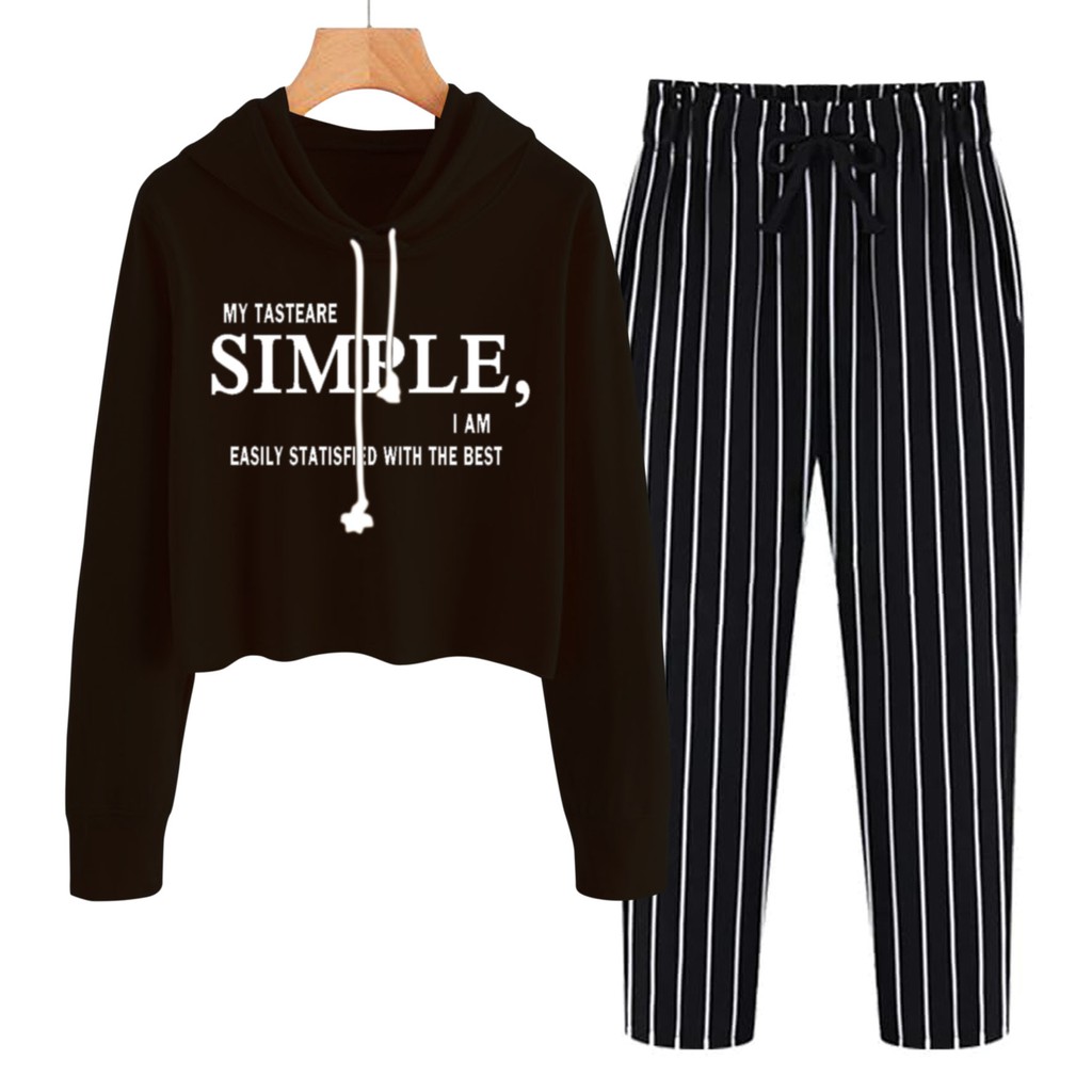 BESS - Baju Setelan Wanita Murah / Setelan Hoodie Crop + Celana Salur Hitam - SIMPLE