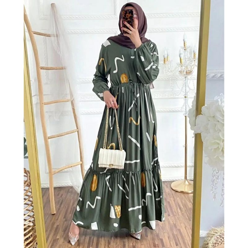 Gamis Rayon Crinkle Airflow Homey Dress Busui Friendly Motif Terbaru LD 100 - 120 Cm