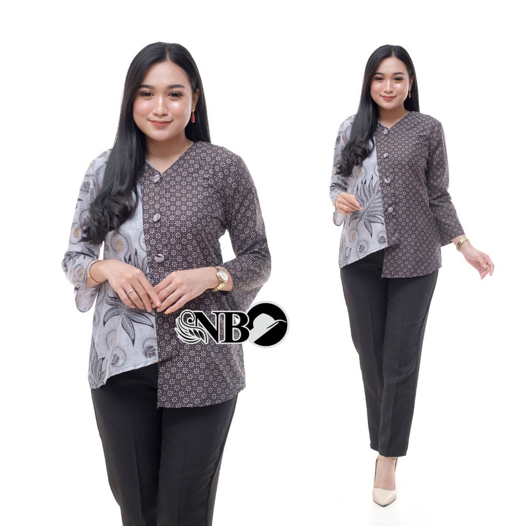 Batik wanita ASJ SA HRB026 Kenongo Kemeja Tosca Pendek-Blus kancing Abu