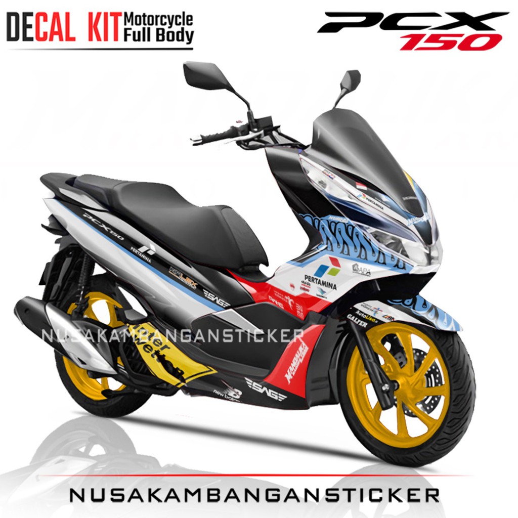 Decal Stiker Motor Honda PCX 150 Full Body Mandalika Pertamina Biru Merah Racing Team Sticker Custom