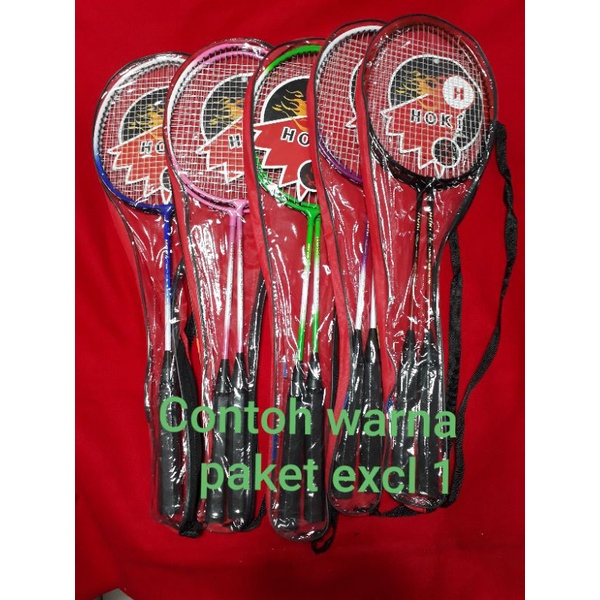 Paket raket badminton pasangan raket isi 2 + kock 1 slop