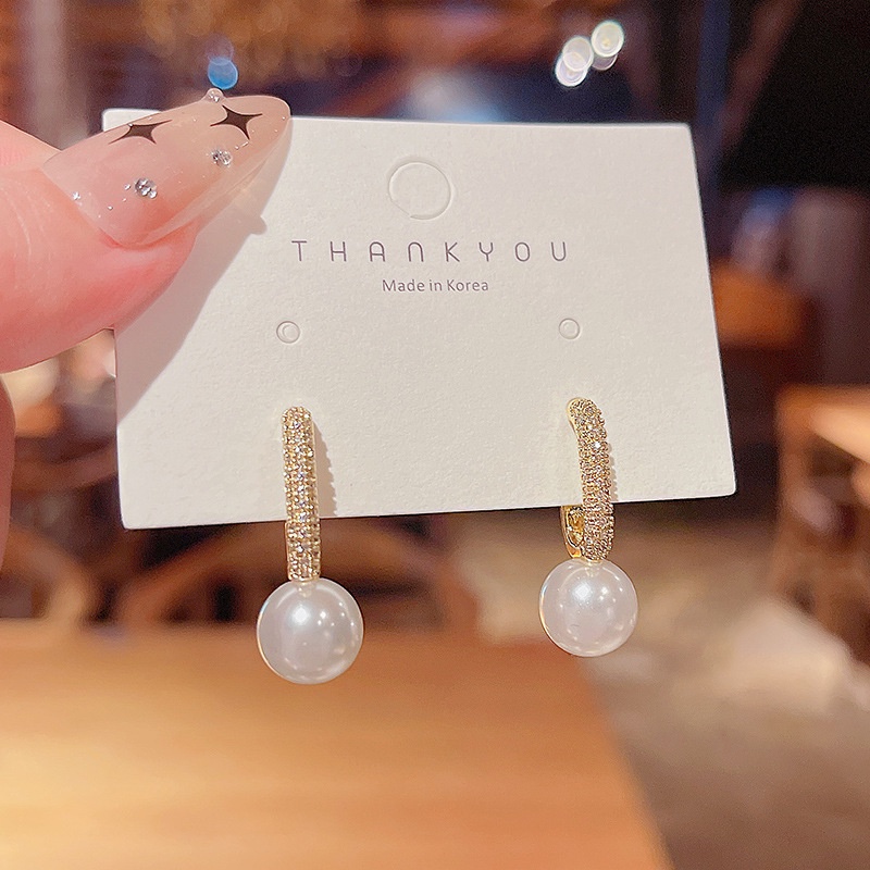 Anting Stud Berlian Mutiara Geometris Bahan 925 Silver Needle