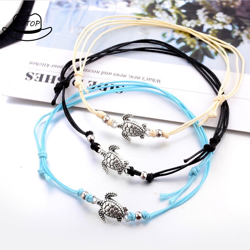 Gelang kura-kura tali rami antik, Buatan tangan anyaman perak, Gelang kura-kura kuno, Grosir gelang hitam polos ANTOP