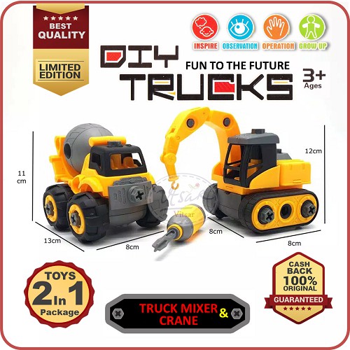 ELITE MECHANIC DIY TRUCK 2 Pcs Konstruksi Mainan bongkar Pasang Crane dan Buldozer