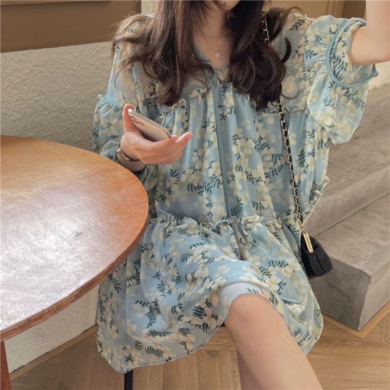 MDLV ~ 6960# Carlotta Loose Mini Dress Babydoll Dress Bigsize Blue Flower Fashion Import