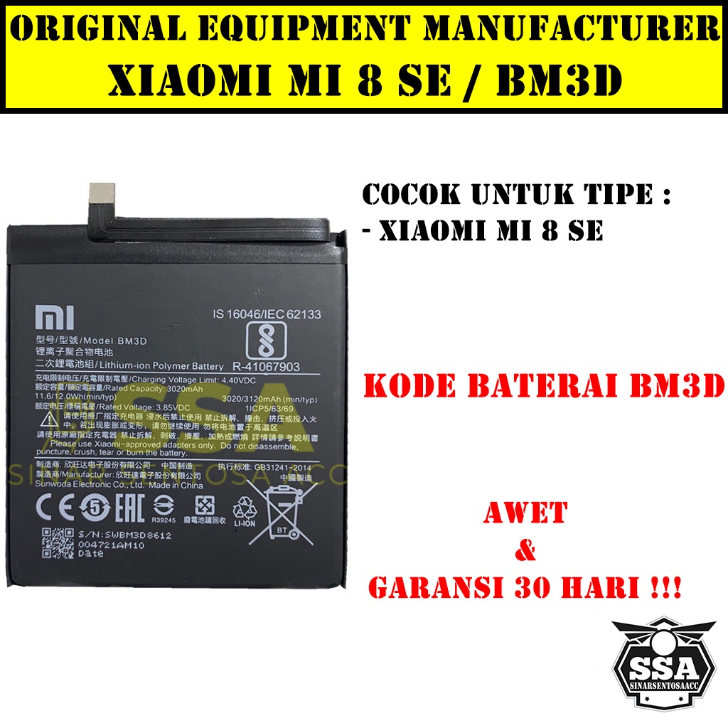 Baterai Xiaomi Mi 8 SE BM3D Mi8SE MI8 SE Redmi BM 3D Original OEM Batu Batre Battery Batrai Batrei ori hp Xiao Mi