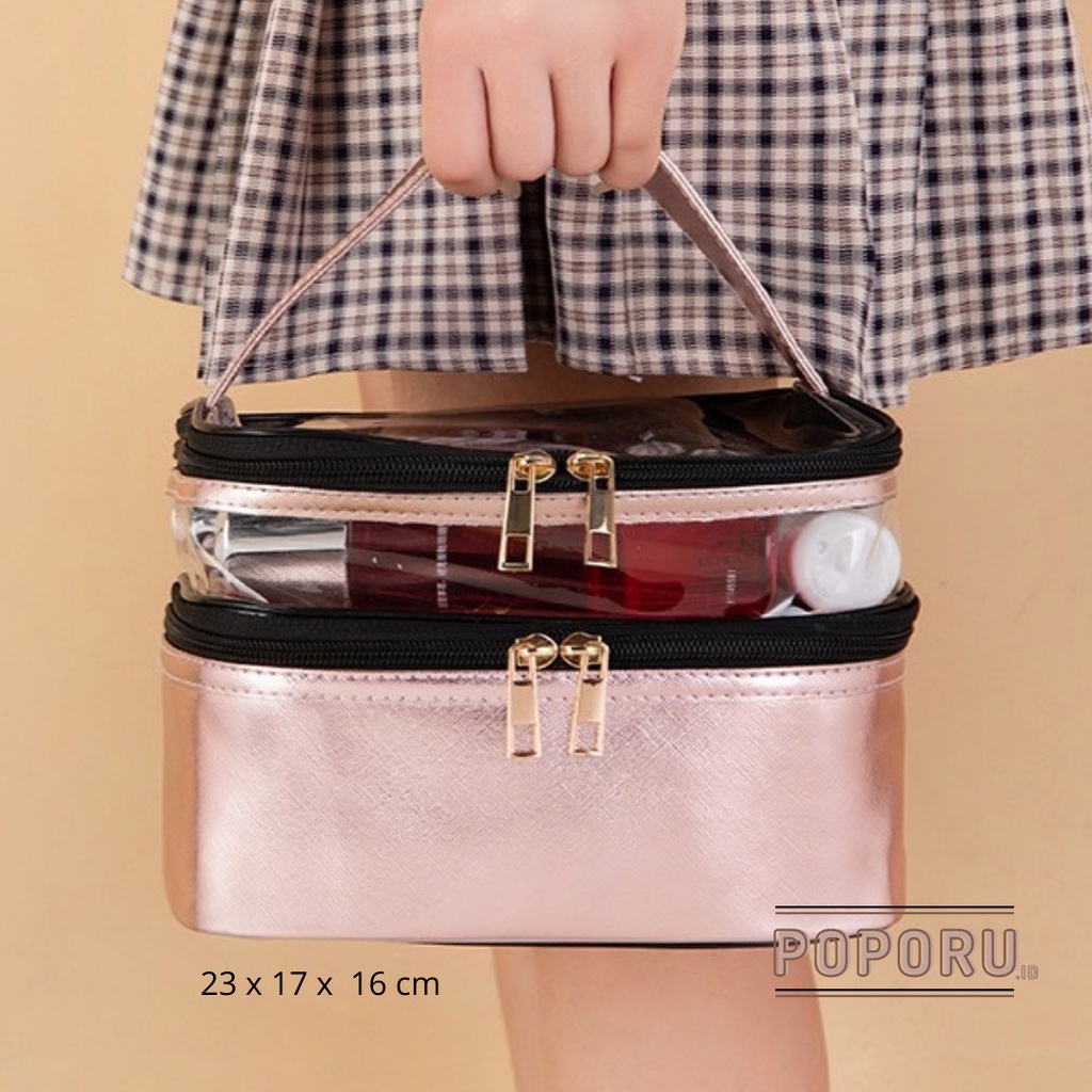 POPORU DOUBLE TRANSPARENT ROSE GOLD pouch - cosmetics bag organizer for make up - tas tempat kosmetik