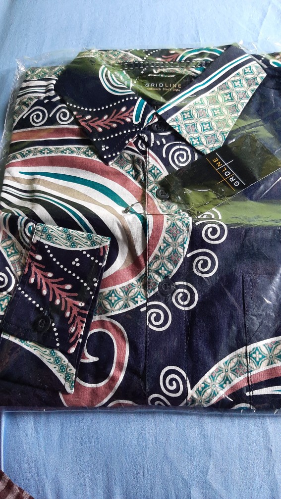 [gridline - Ls028 Black Orange & Navy Green] Kemeja Batik Pria Katun Lengan Panjang Slimfit