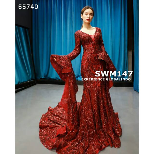 Gaun Pengantin Premium Lengan Panjang Merah SWM147
