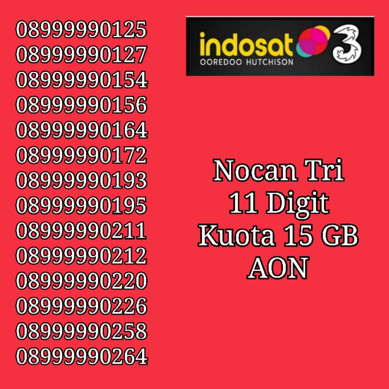 Nomor Cantik Nocan 11 Digit 0899999 Kartu Perdana Tri 3 Three 4G LTE Kuota 15 GB AON Kartu Tri Regul