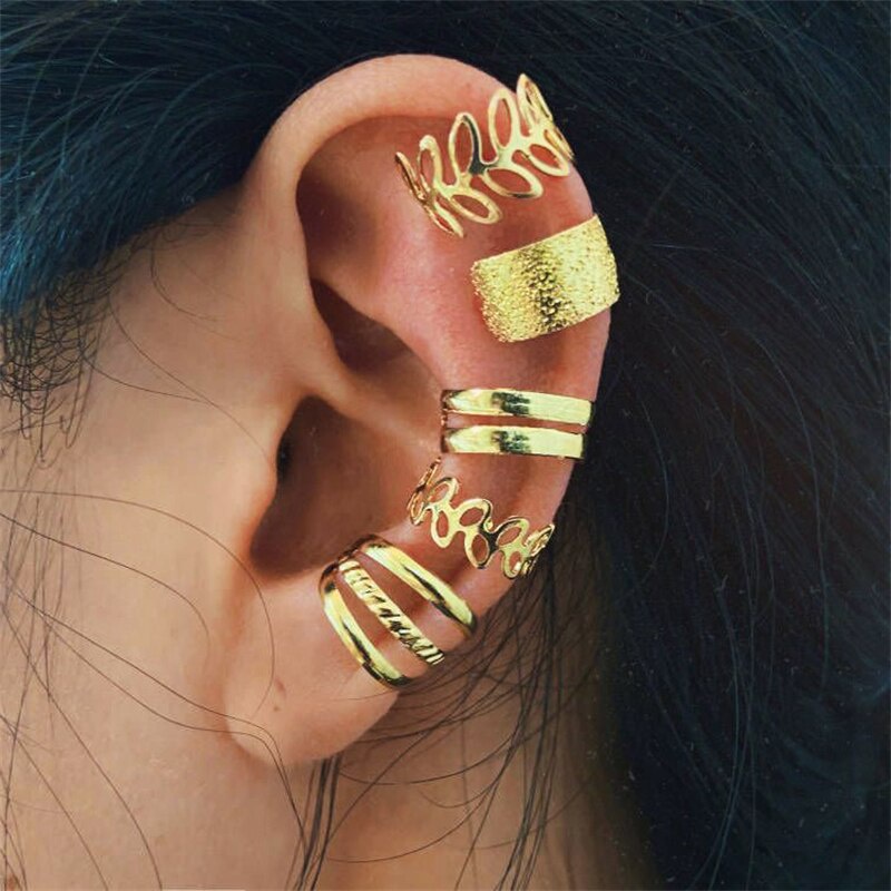 5 Pcs/set Creative Non-pierced Ear Bone Clips Golden Leaf Hollow Multi-layer Earrings C-shaped Ear Clips