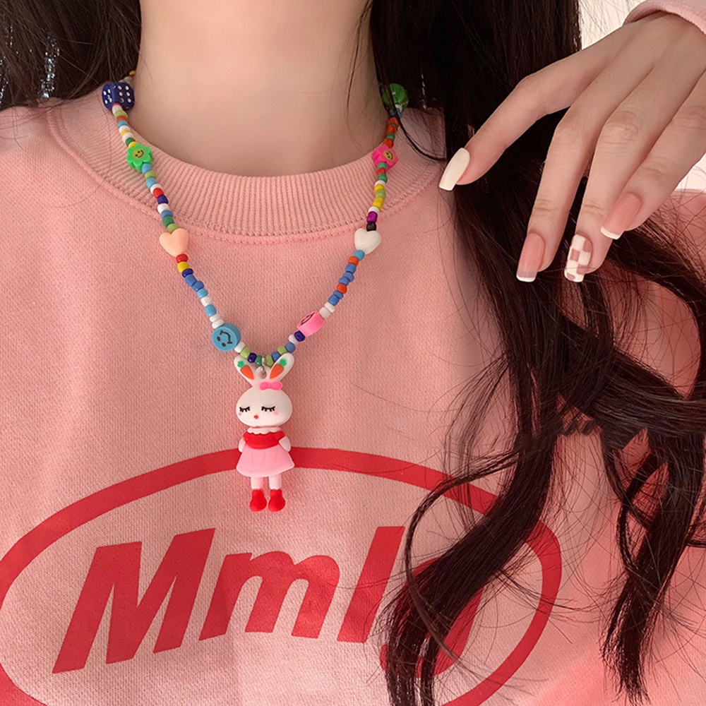 1pc Kalung Liontin Manik-Manik Kartun Kelinci Warna Pink Pelangi Gaya Hip Hop Untuk Wanita