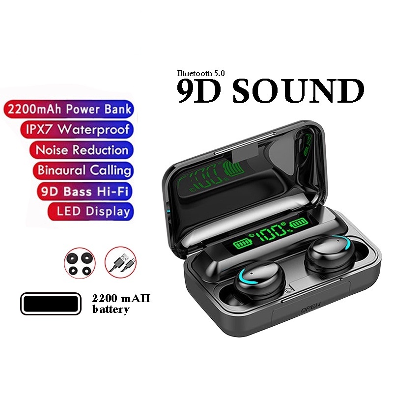 HOPE STORE  - （TERBARU）TWS Wireless Earphone Headset Bluetooth 5.0 With Mic 9D Bass HiFi Stereo Waterproof 2200mah Power Bank