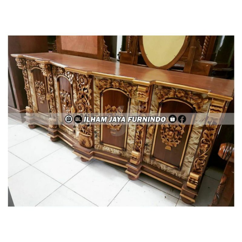 ALMARI BUFET HIAS SHIMA JATI 2 METER NATURAL GOLD JEPARA - IJF121