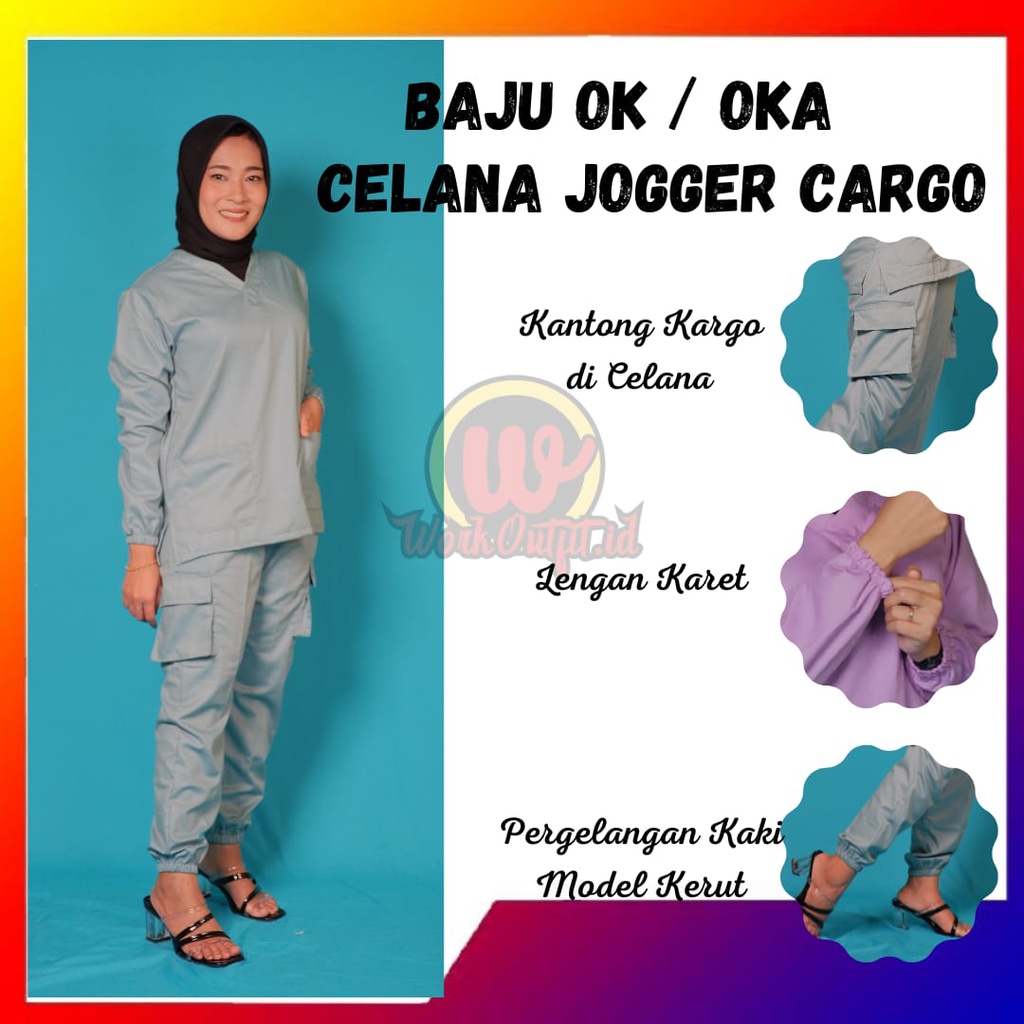 Baju Ok Oka Jogger Cargo | Baju Jaga Dokter Scrub Medis Perawat Lengan Panjang Karet | Bahan Toyobo